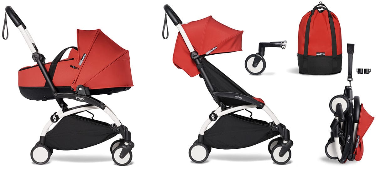 Babyzen YOYO2 Ultra Compact Complete 6+ Stroller with Bassinet & Rolling Bag Bundle - White/Red - 604501-605102-6-RB-RED