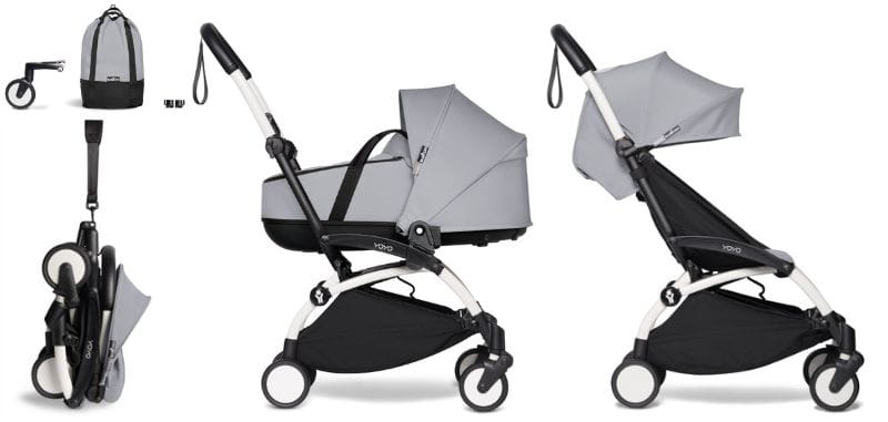Babyzen YOYO2 Ultra Compact Complete 6+ Stroller with Bassinet & Rolling Bag Bundle - White / Stone - 604501-605110-6-RB-STN