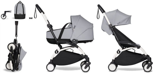 Babyzen YOYO2 Ultra Compact Complete 6+ Stroller with Bassinet & Rolling Bag Bundle - White / Stone - 604501-605110-6-RB-STN