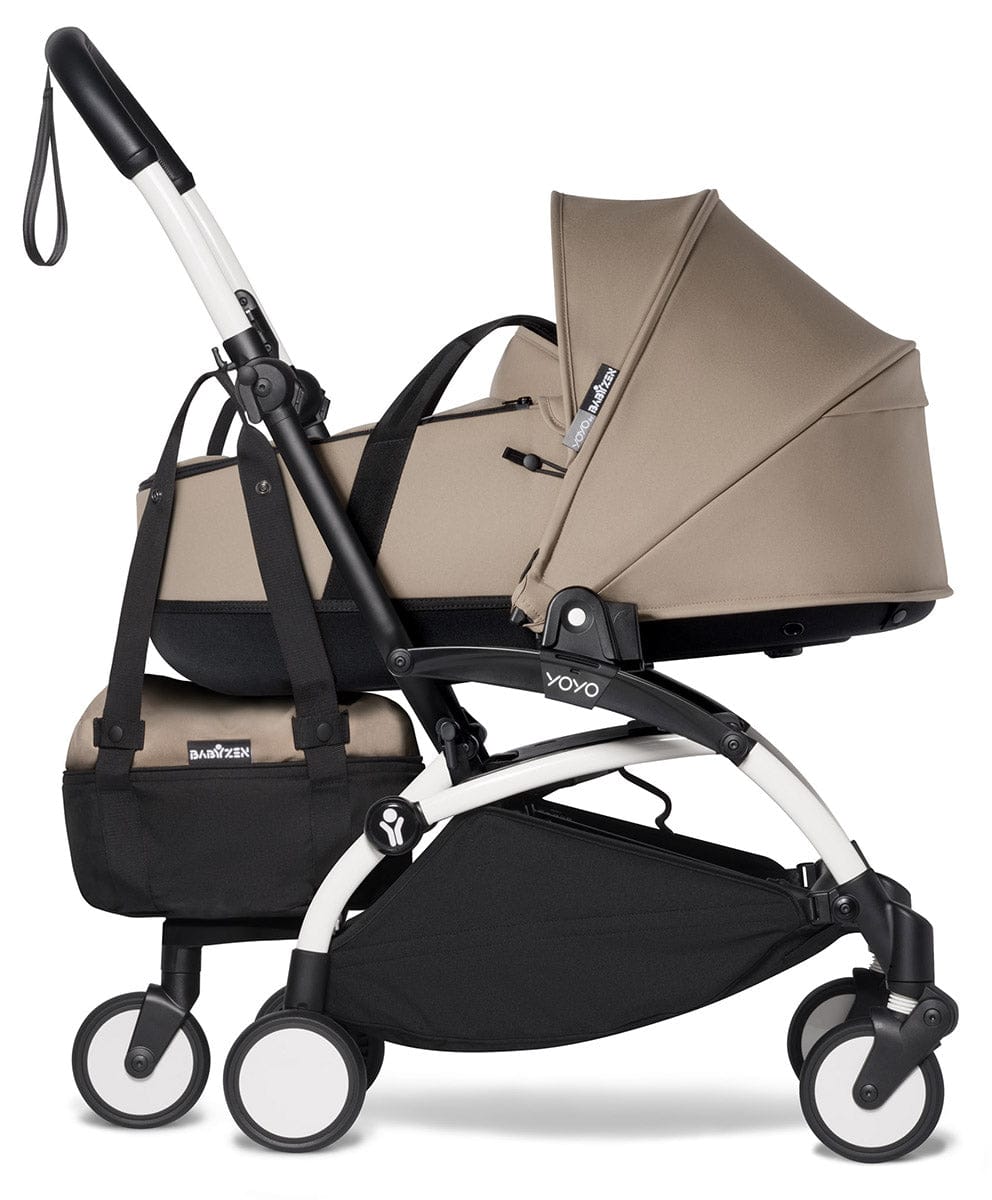 Babyzen YOYO2 Ultra Compact Complete 6+ Stroller with Bassinet & Rolling Bag Bundle - White/Taupe - 604501-605104-6-RB-TPE