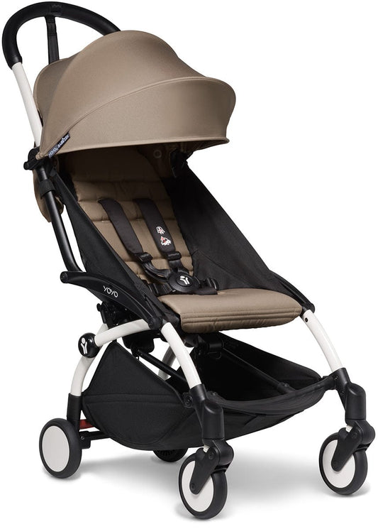 Babyzen YOYO2 Ultra Compact Complete 6+ Stroller with Bassinet & Rolling Bag Bundle - White/Taupe - 604501-605104-6-RB-TPE