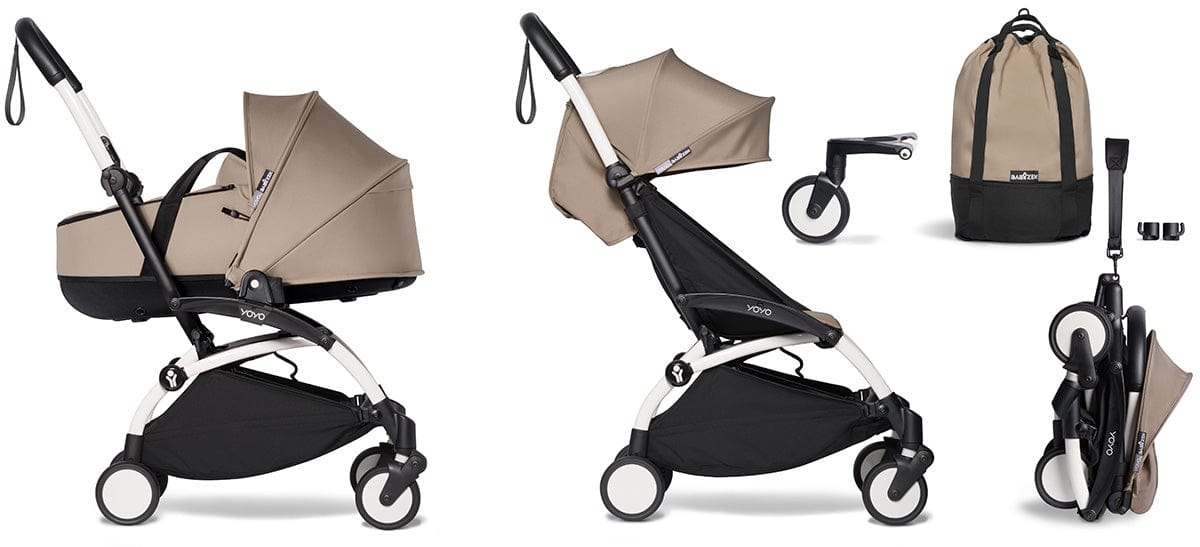 Babyzen YOYO2 Ultra Compact Complete 6+ Stroller with Bassinet & Rolling Bag Bundle - White/Taupe - 604501-605104-6-RB-TPE