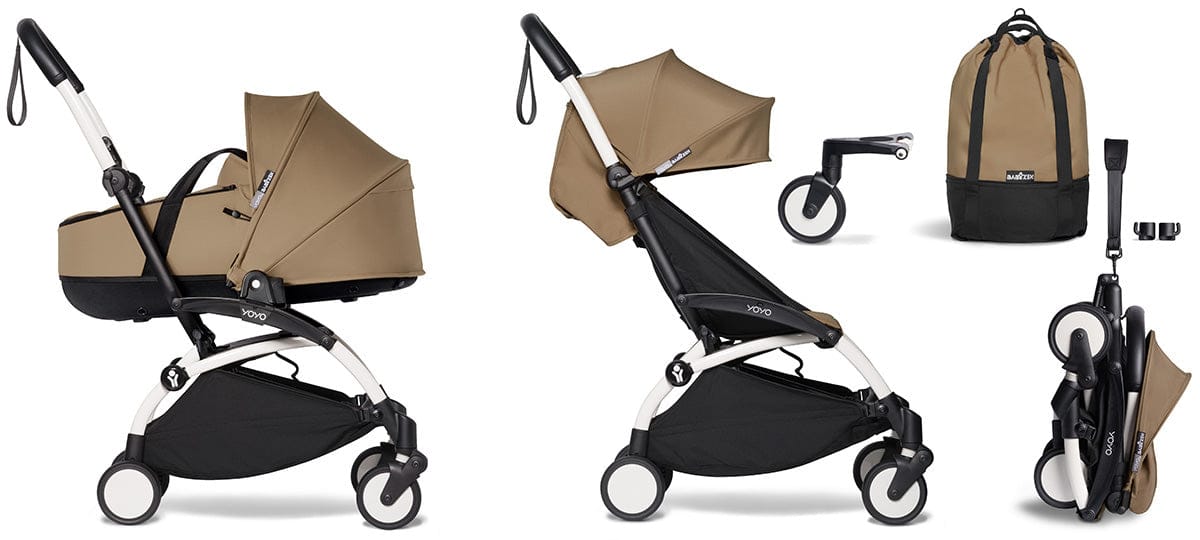 Babyzen YOYO2 Ultra Compact Complete 6+ Stroller with Bassinet & Rolling Bag Bundle - White/Toffee - 604501-605108-6-RB-TOF