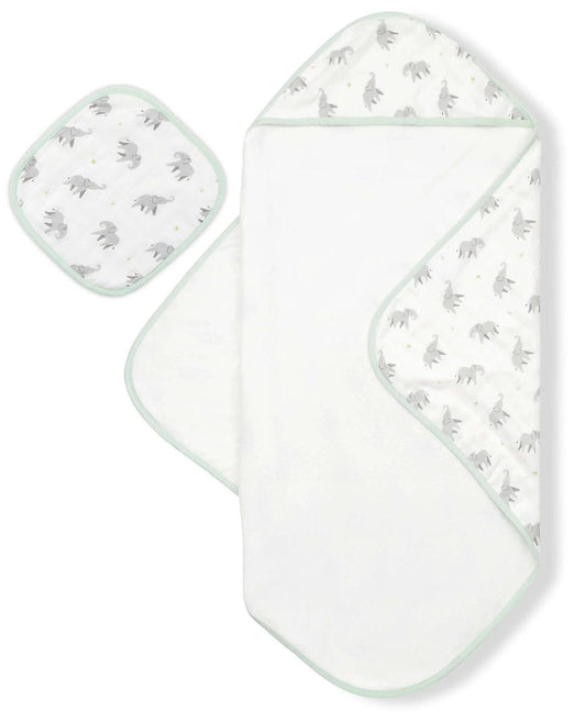 Bamboo Little Hooded Baby Towel & Washcloth Set - Elephant - TOW-WAS-ELE-W