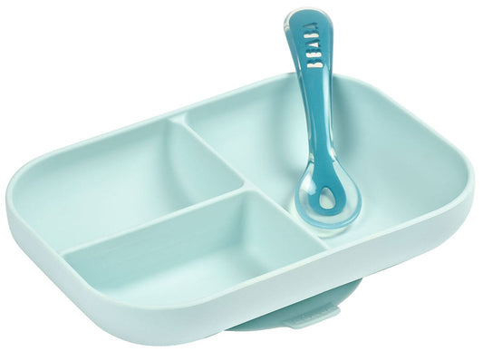 BEABA Silicone Divided Suction Plate And Spoon Set - Rain - 913455