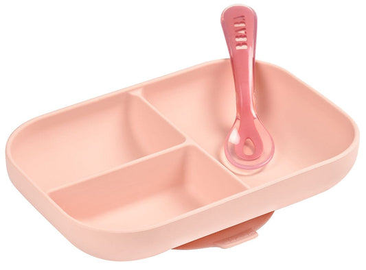 BEABA Silicone Divided Suction Plate And Spoon Set - Rose - 913456