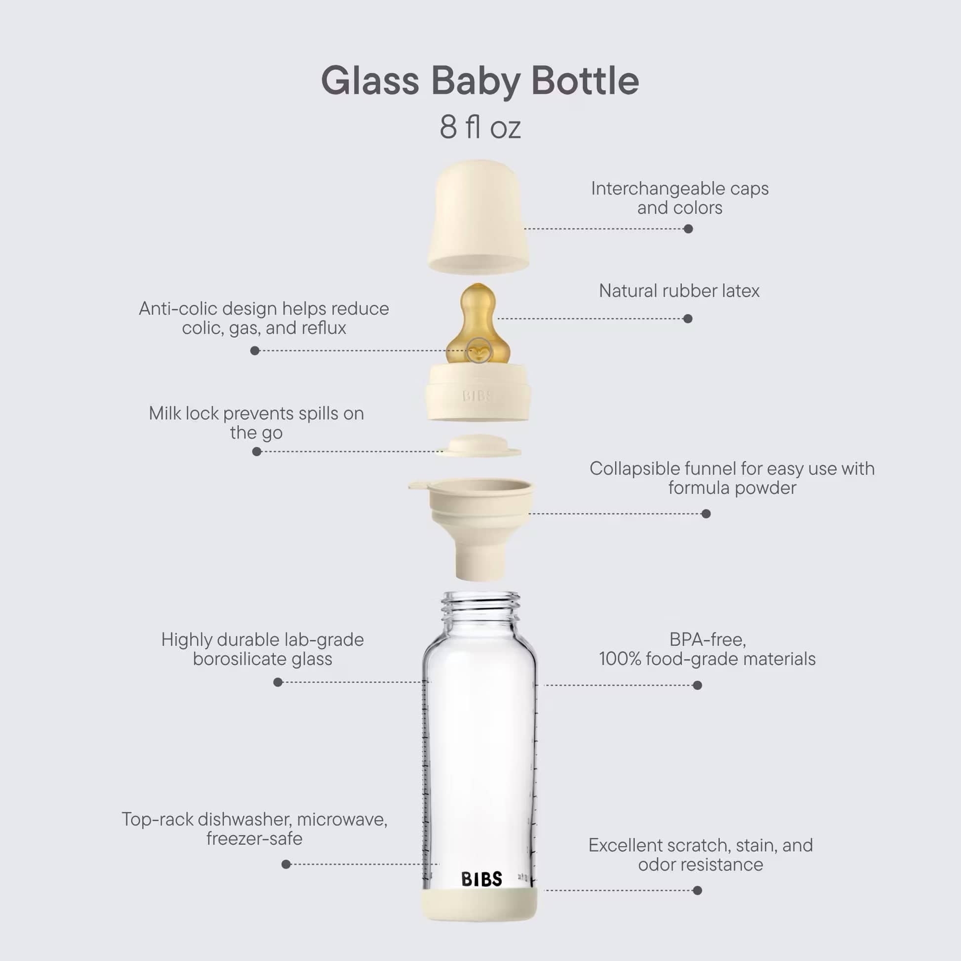 BIBS Baby Glass Bottle Set 8oz Latex, Medium Flow - Ivory - 5020216