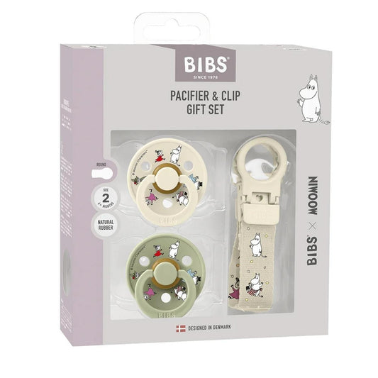 BIBS x Moomin Colour Pacifier & Loop Clip Gift Set - Ivory/Sage - Size 2 (6+ m) - 7500142