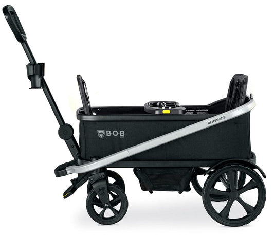 Nightfall 3-seater stroller wagon by BOB with black fabric, silver frame, cup holders, and rugged wheels, side view