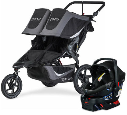 BOB Revolution Flex 3.0 Duallie Double Jogging Stroller + Britax Ultra Gen1 Infant Car Seat Travel System Bundle - Graphite Black/StayClean Gray