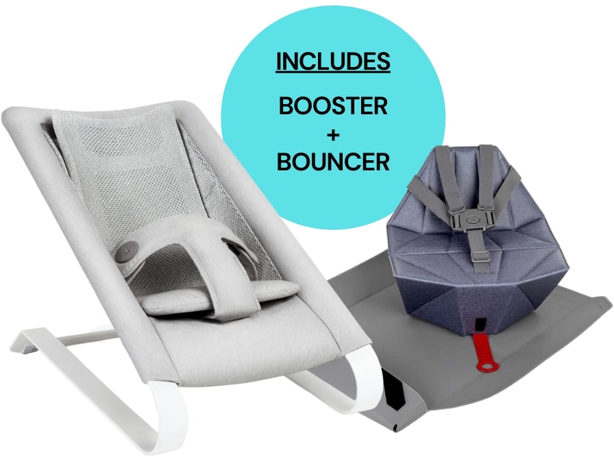 Bombol Pop-Up Booster Chair + Bamboo 3D Knit Bouncer Bundle - Pebble Grey / Denim Blue - 4897043080221-4897043080252