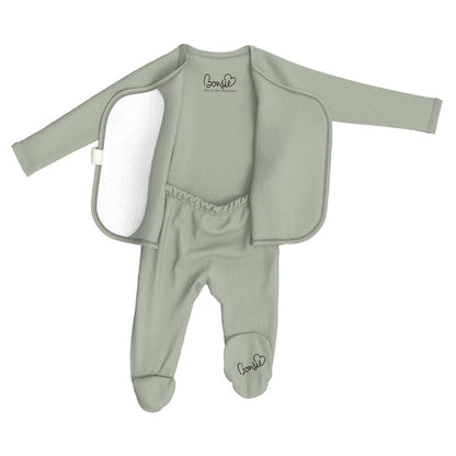 Sage green Bonsie Skin to Skin Babywear footed sleeper with open front panels