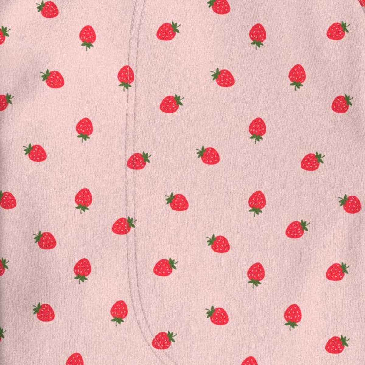 Bonsie Skin to Skin Babywear fabric with a pink background and repeating strawberry pattern