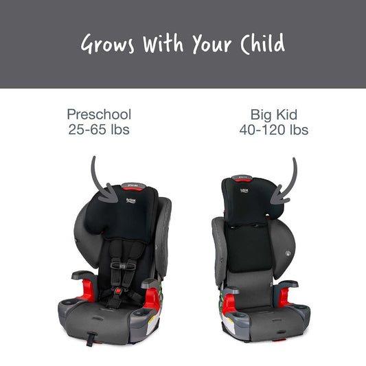 Black and gray belt-positioning booster car seat by Britax, featuring red accents, adjustable headrest, and integrated cup holders, front view.