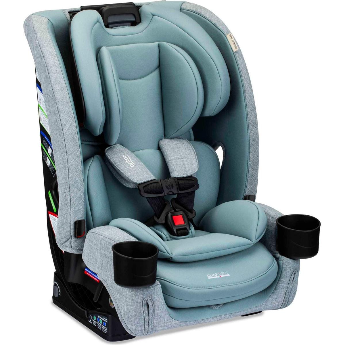 Sea foam and gray fabric convertible car seat by Britax with black cup holders and ClickTight harness system, front view