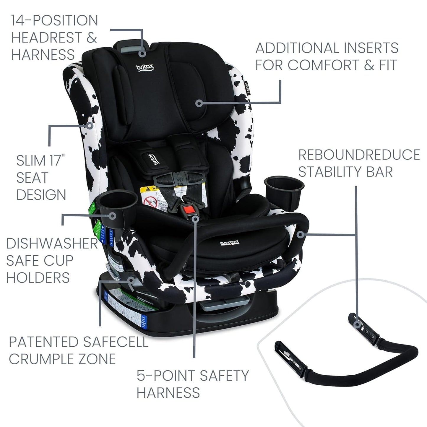 Britax Poplar S ClickTight Convertible Car Seat, Slim 17-Inch Design - Cowmooflage - E1D231Q