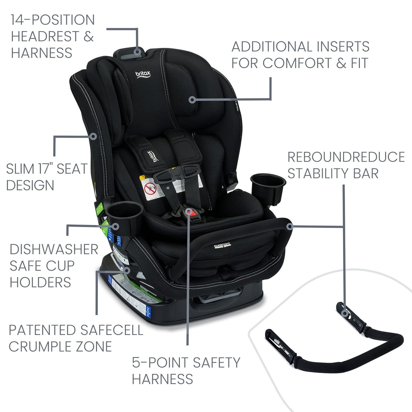 Britax Poplar S ClickTight Convertible Car Seat, Slim 17-Inch Design - Onyx - E1D233S