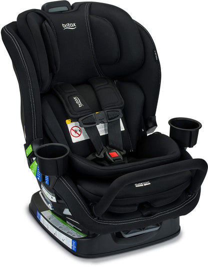 Black Britax Poplar S narrow convertible car seat with white stitching, cup holders, and ClickTight harness system, front view