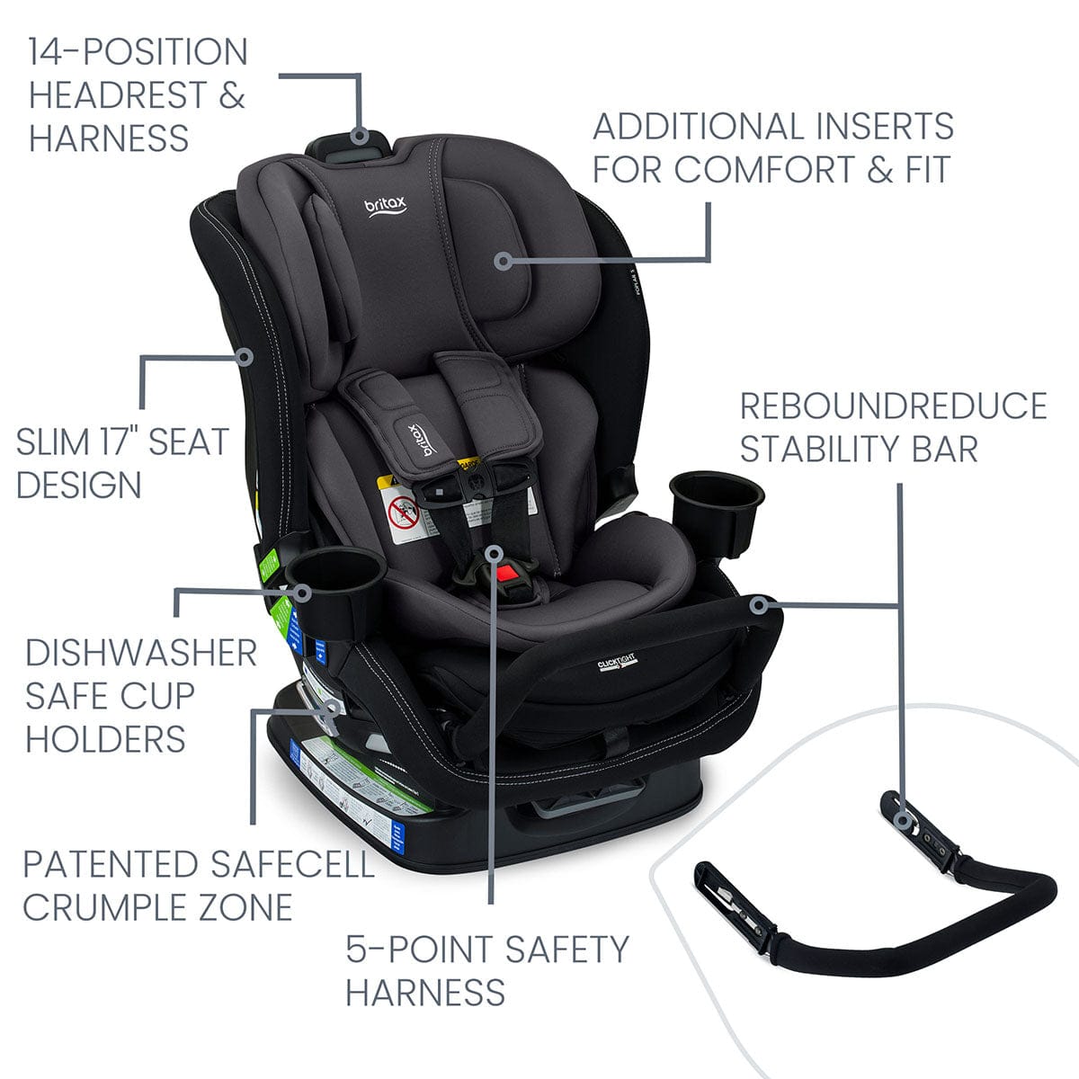 Britax Poplar S Narrow Convertible Car Seat - Stone Onyx - E1C943M