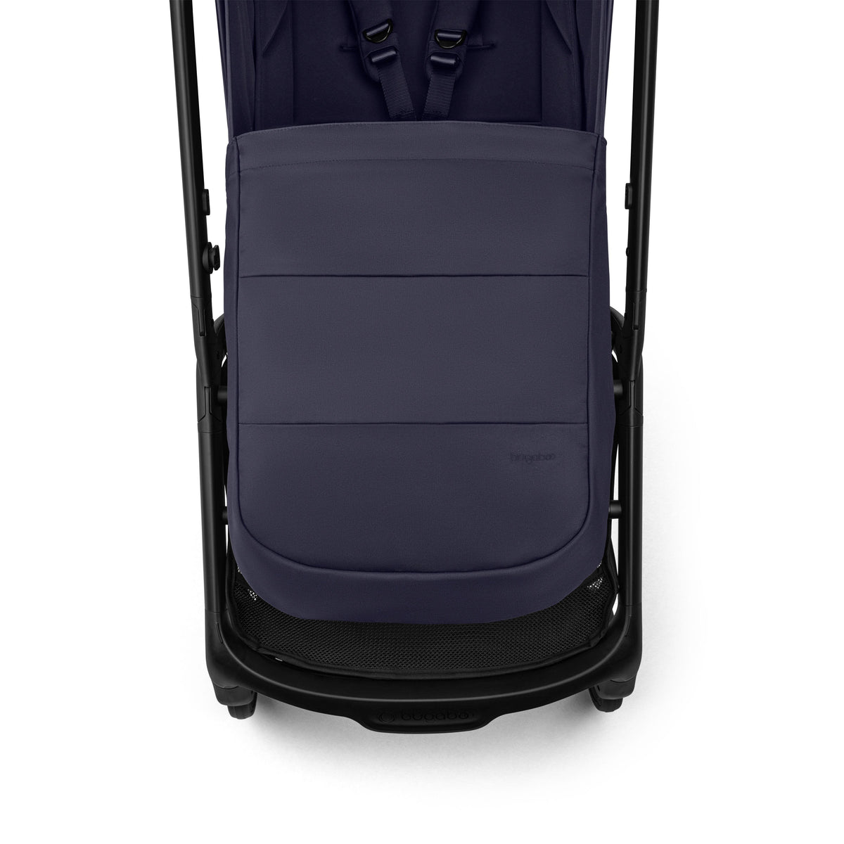 Top view of a dark blue Bugaboo stroller seat with harness straps