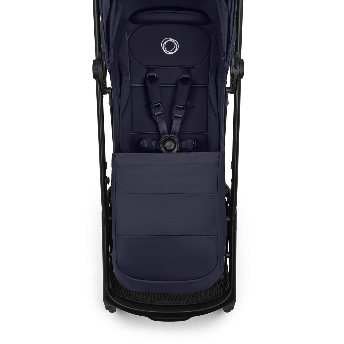 Top view of navy blue Bugaboo stroller seat with five point harness