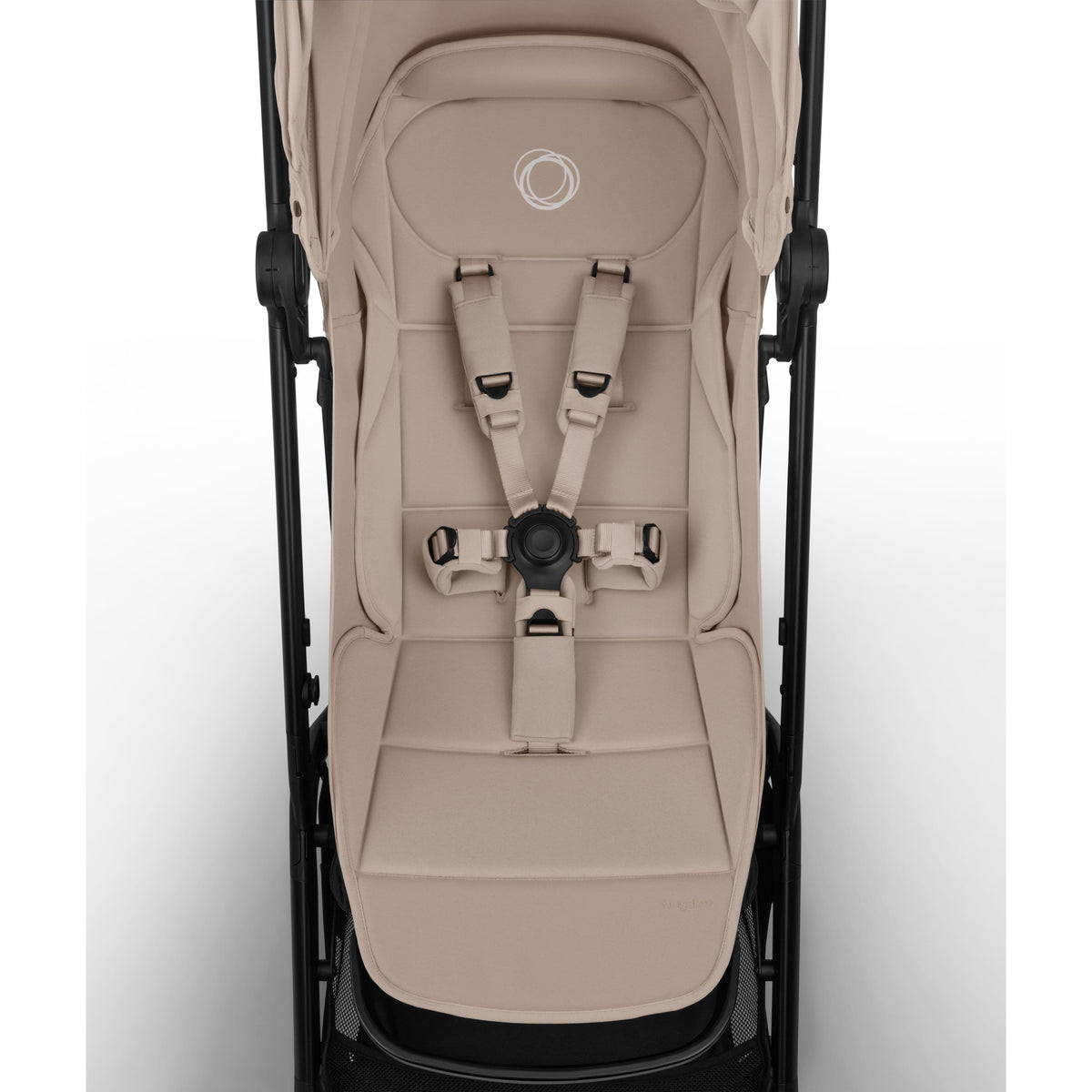 Bugaboo stroller seat with beige fabric and five point harness