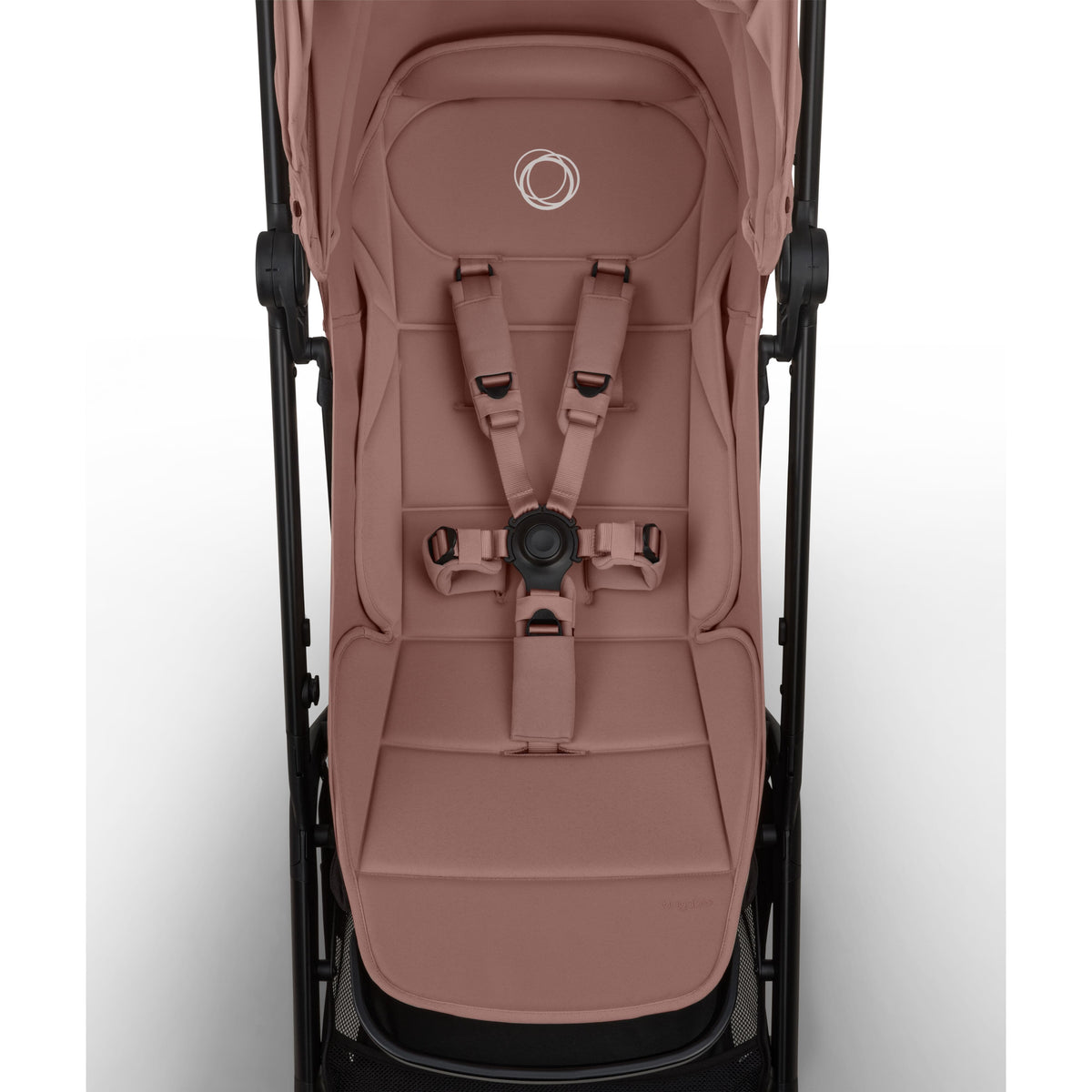 Bugaboo stroller seat in dusty rose with black frame and five point harness