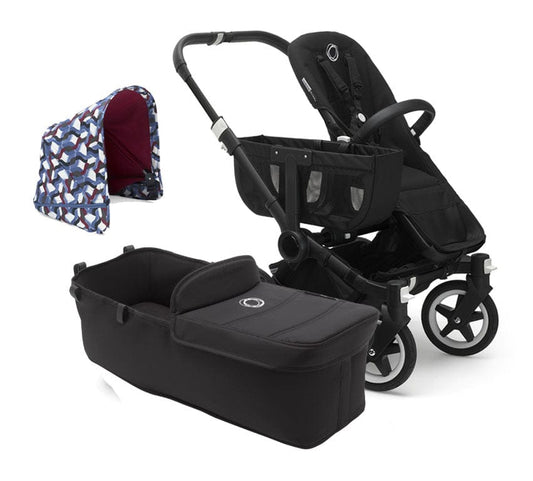 Bugaboo Donkey 2 Mono Complete Single-to-Double Stroller Bundle - Black / Black / Waves - D2MONO-BLK-BLK-WAVES