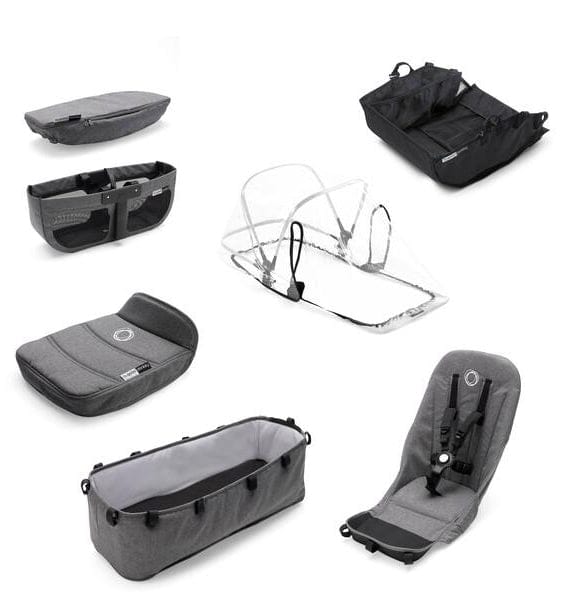 Grey melange Donkey 2 style set by Bugaboo, featuring seat liner, footmuff, rain cover, and canopy, shown in product layout view