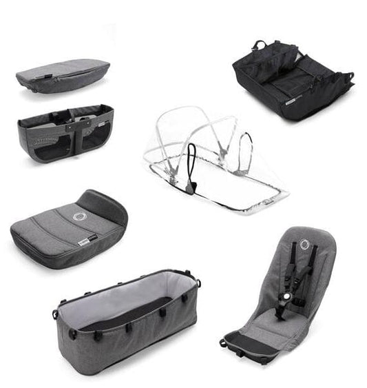 Grey melange Donkey 2 style set by Bugaboo, featuring seat liner, footmuff, rain cover, and canopy, shown in product layout view