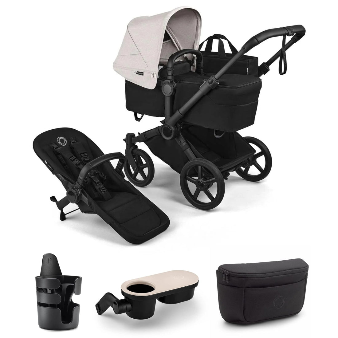 Bugaboo Donkey 5 stroller with bassinet, seat, cup holder, snack tray, and side luggage bag