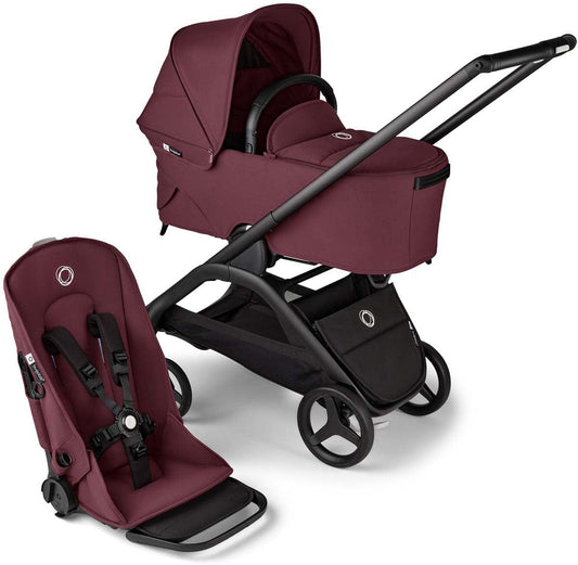 Black and dark cherry lightweight compact stroller with matching bassinet by Bugaboo, featuring canopy, five-point harness, and mesh storage basket, shown in studio view.