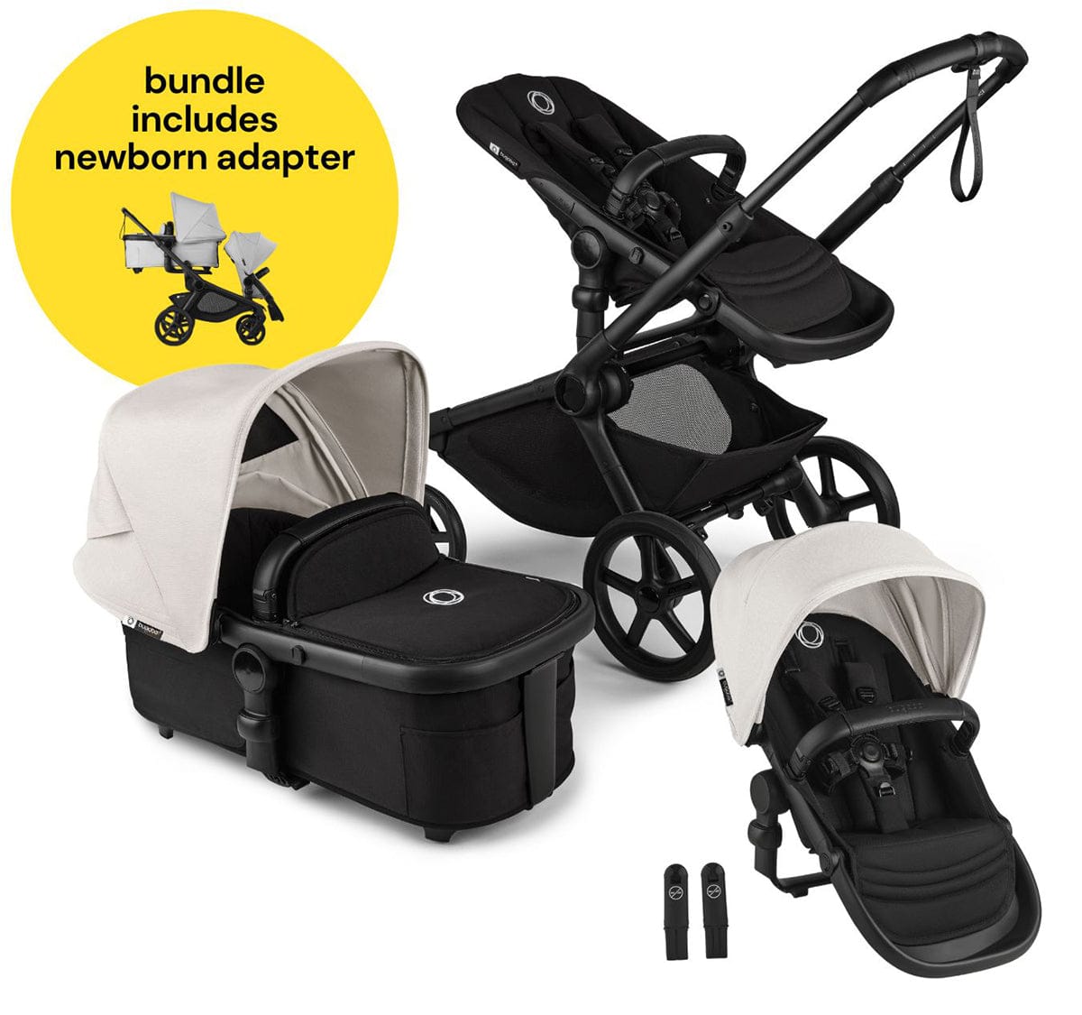 Bugaboo Kangaroo All-Position Newborn Double Stroller Bundle - Black / Midnight Black / Misty White - APN-100280019-100281020