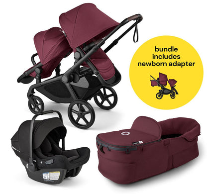 Bugaboo Kangaroo All-Position Newborn Double Stroller + Turtle Air Shield By Nuna Travel System Bundle - Black / Dark Cherry / Dark Cherry / Black - APN-TRVL-100280024-100281019