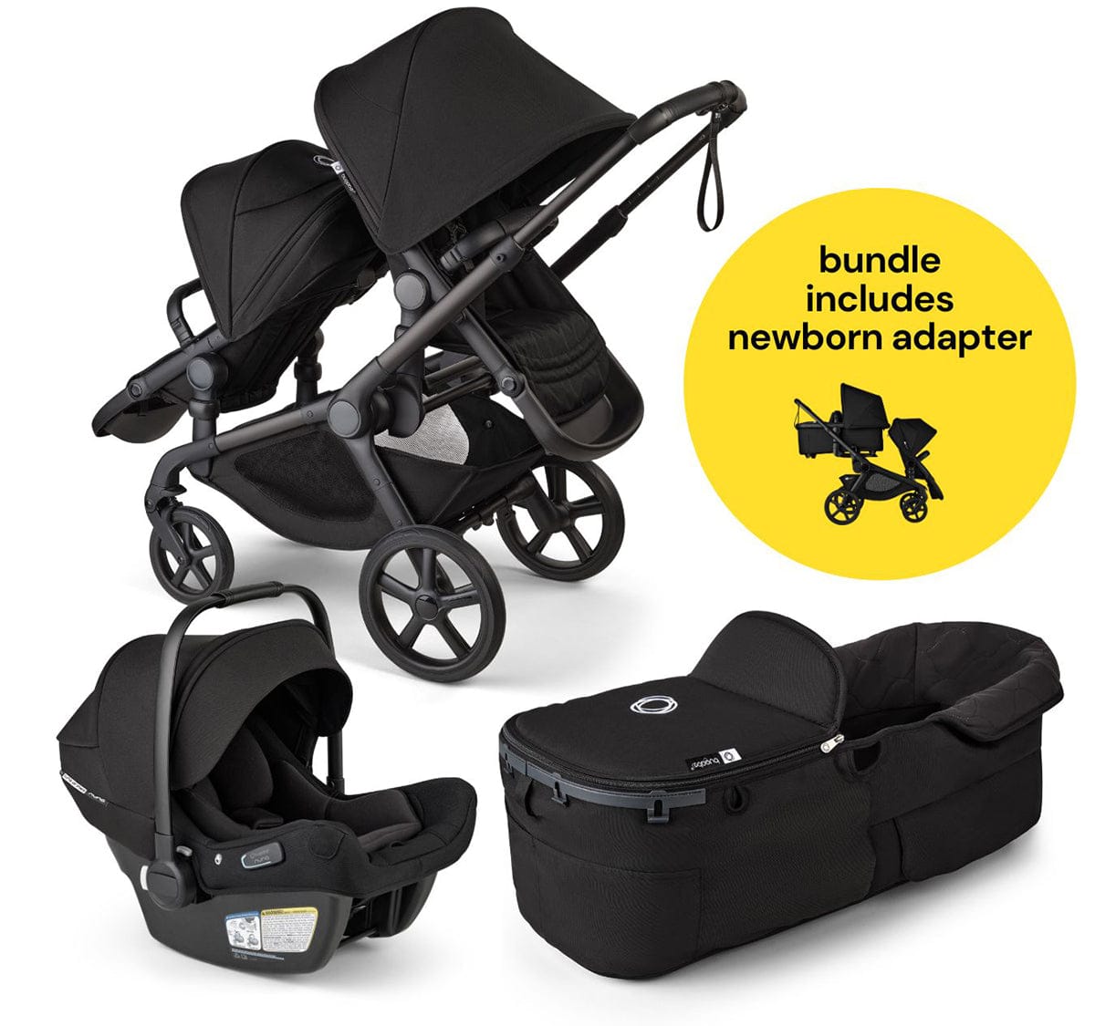 Bugaboo Kangaroo All-Position Newborn Double Stroller + Turtle Air Shield By Nuna Travel System Bundle - Black / Midnight Black / Midnight Black / Black - APN-TRVL-100280018-100281022