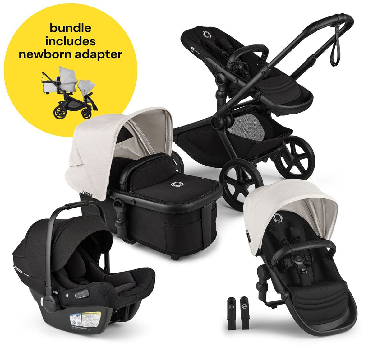 Bugaboo Kangaroo All-Position Newborn Double Stroller + Turtle Air Shield By Nuna Travel System Bundle - Black / Midnight Black / Misty White / Black - APN-TRVL-100280019-100281020