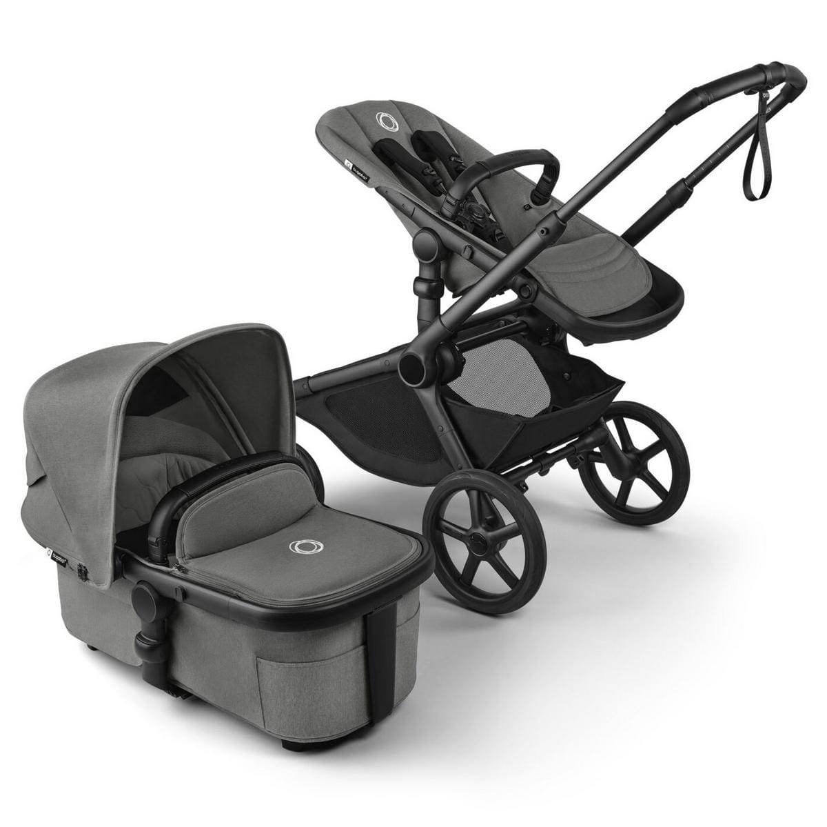Bugaboo Kangaroo Complete Single-to-Double Stroller + Bassinet Bundle - Black / Moon Grey / Moon Grey - 100280033-B