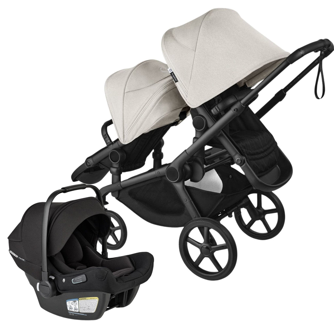 Bugaboo Kangaroo Double Seat Stroller + Turtle Air Sheild by Nuna Travel System Bundle -  Black / Midnight Black / Misty White - 100506004-100281020-400016001TS