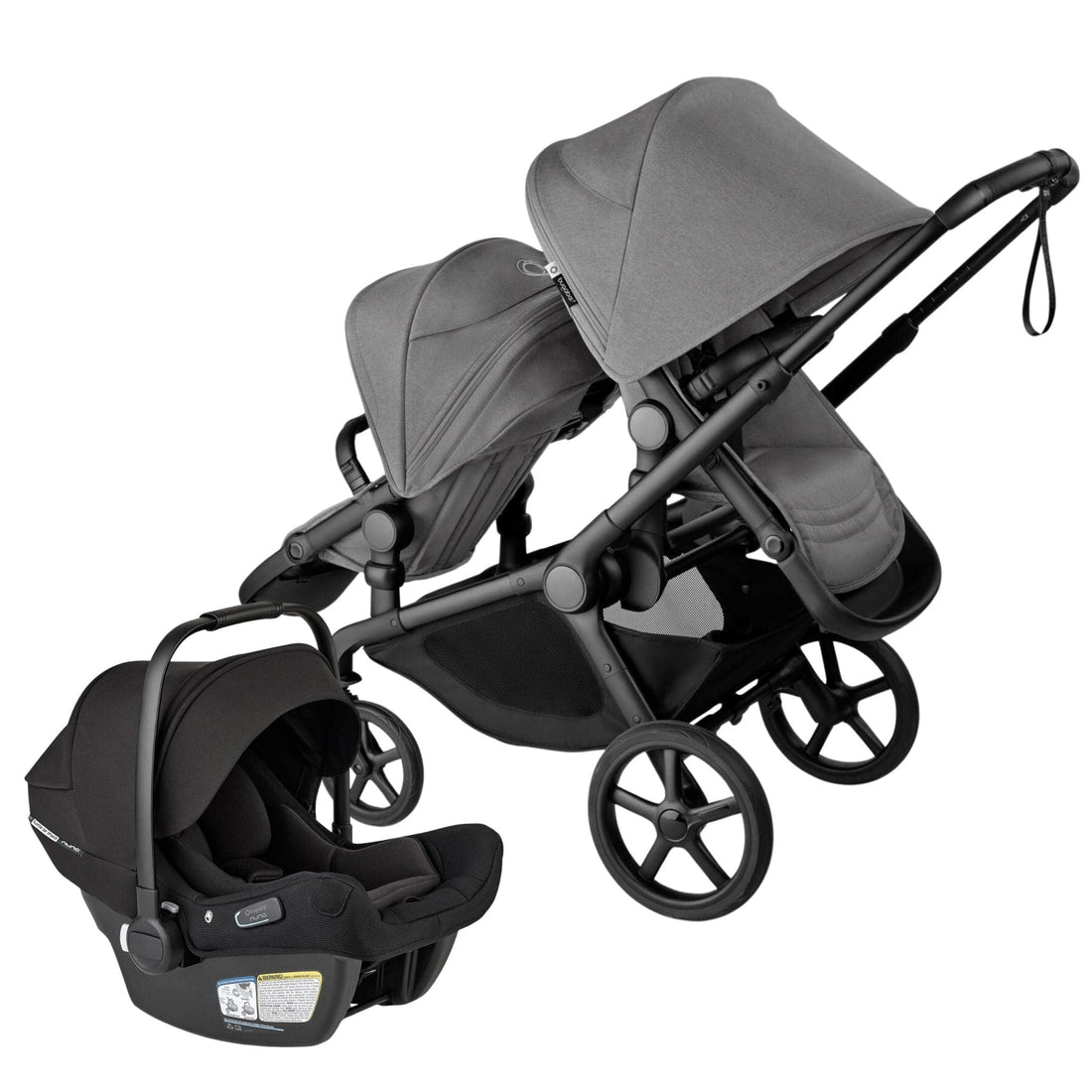 Bugaboo Kangaroo Double Seat Stroller + Turtle Air Sheild by Nuna Travel System Bundle - Black / Moon Grey / Moon Grey - 100506002-100281023-400016001TS
