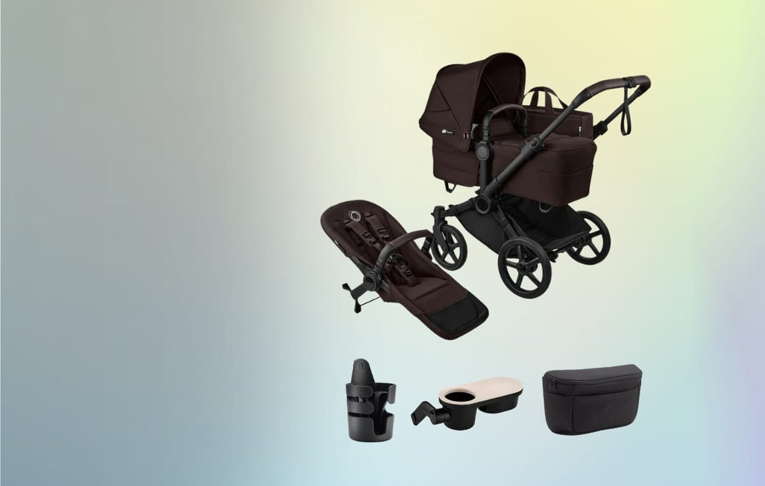Bugaboo donkey 6 and accessory bundle against a blue background.