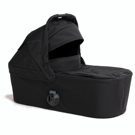 Black Bumbleride bassinet with canopy and side view, featuring a padded interior and secure attachment mechanism.