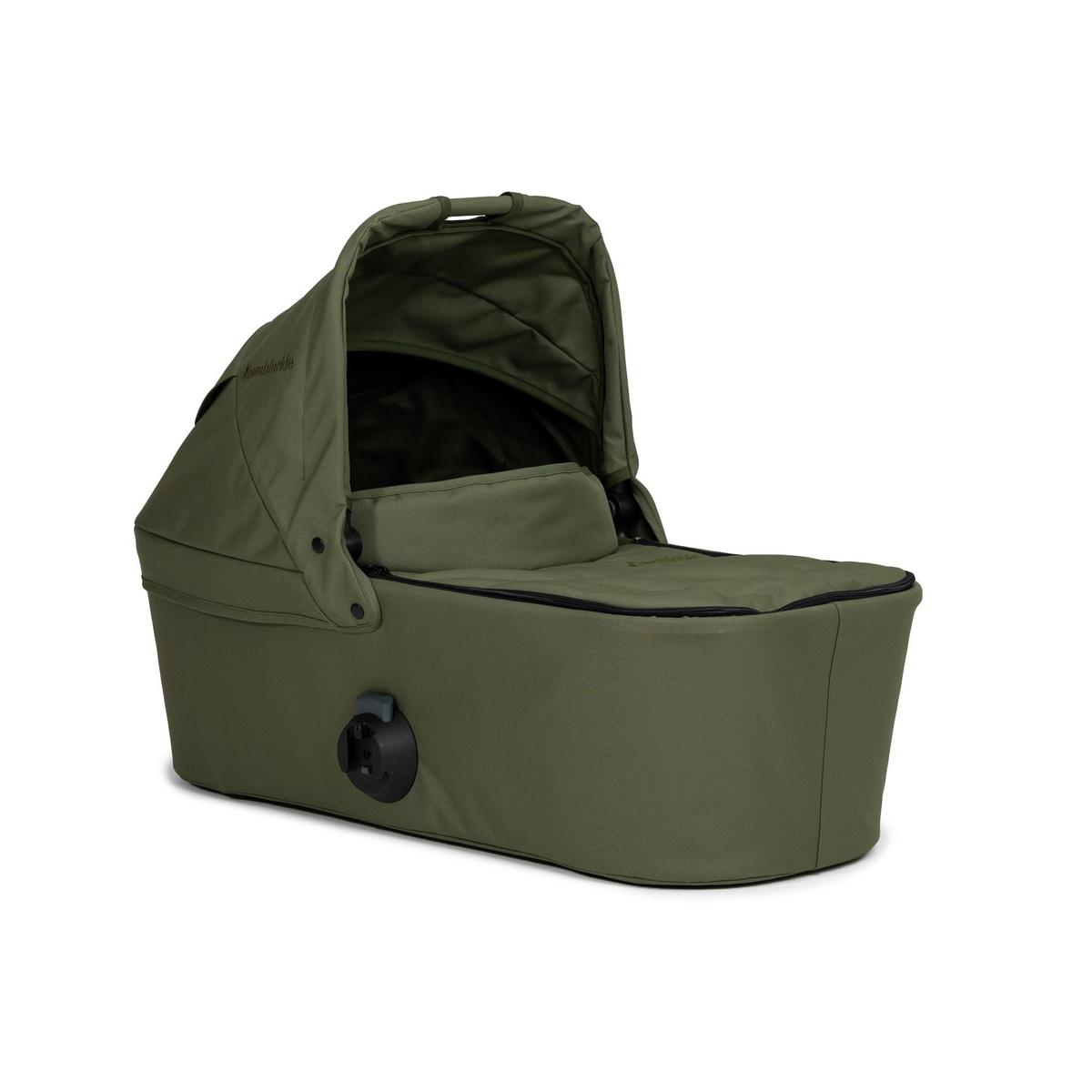 Olive green Bumbleride bassinet with canopy