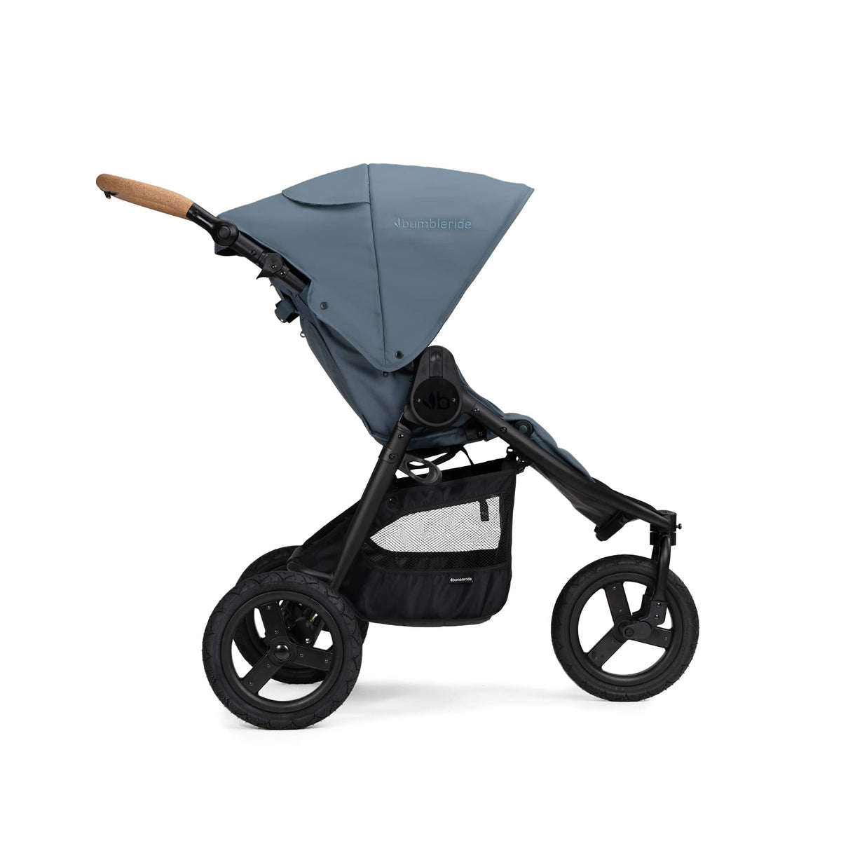 Bumbleride blue stroller with black frame and cork handle
