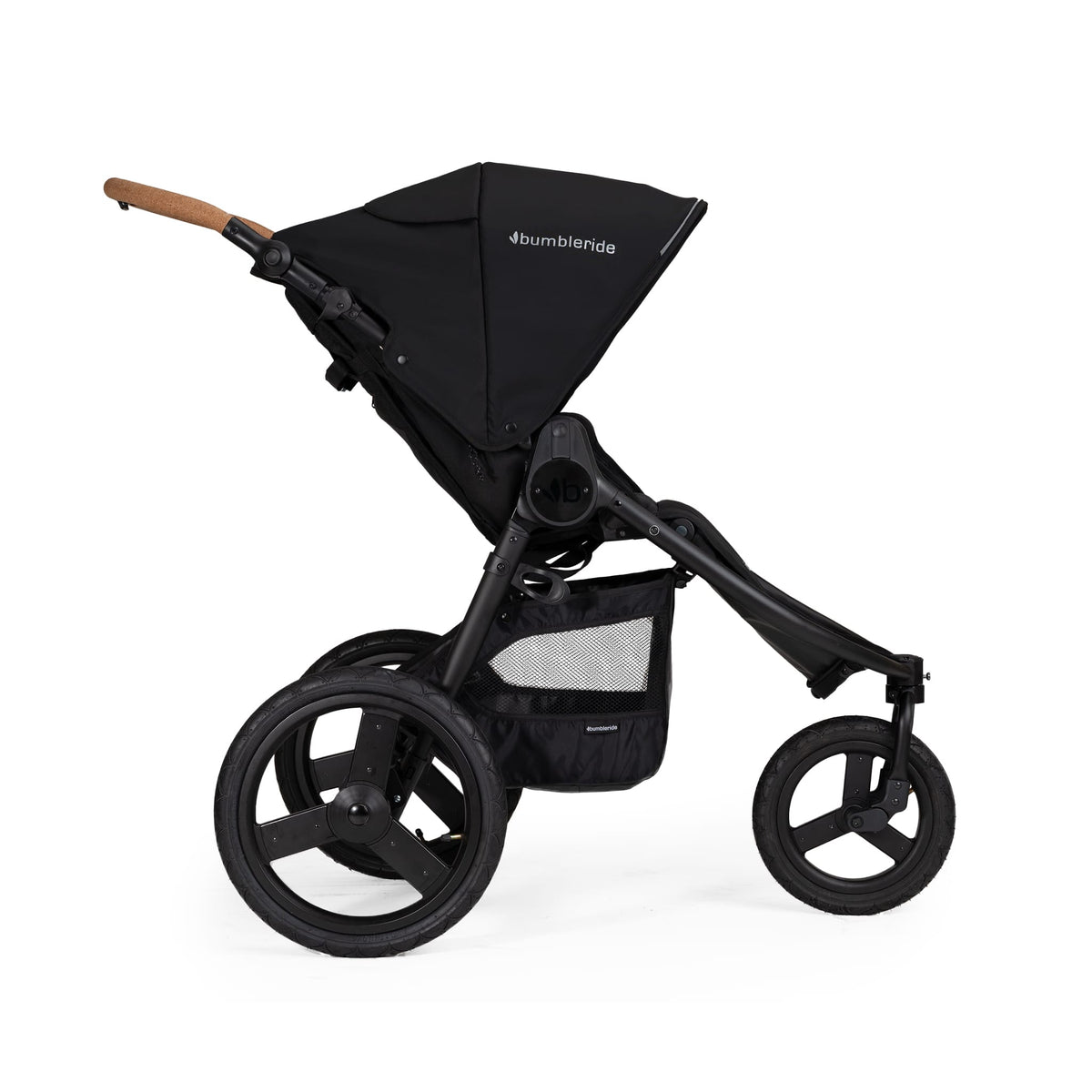 Black Bumbleride stroller with cork handle and three wheels