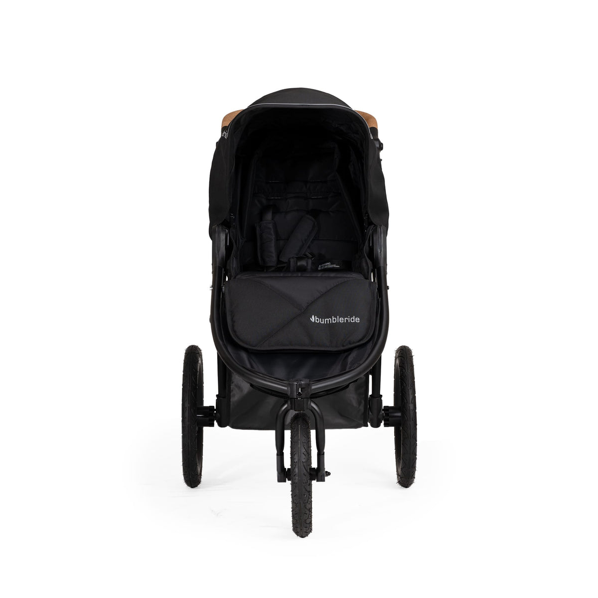 Front view of black Bumbleride jogging stroller with three wheels