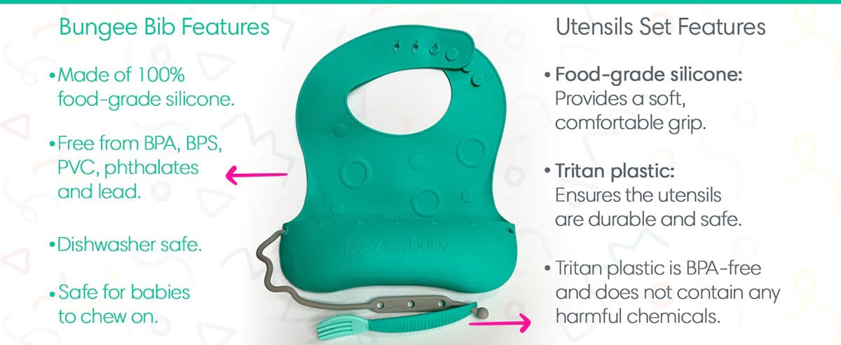 Busy Baby Bungee Bib & Utensil Bundle - Pewter - 850003408934