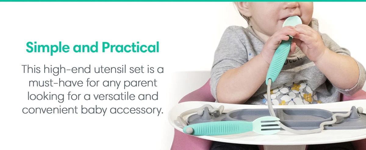Busy Baby Bungee Bib & Utensil Bundle - Pewter - 850003408934