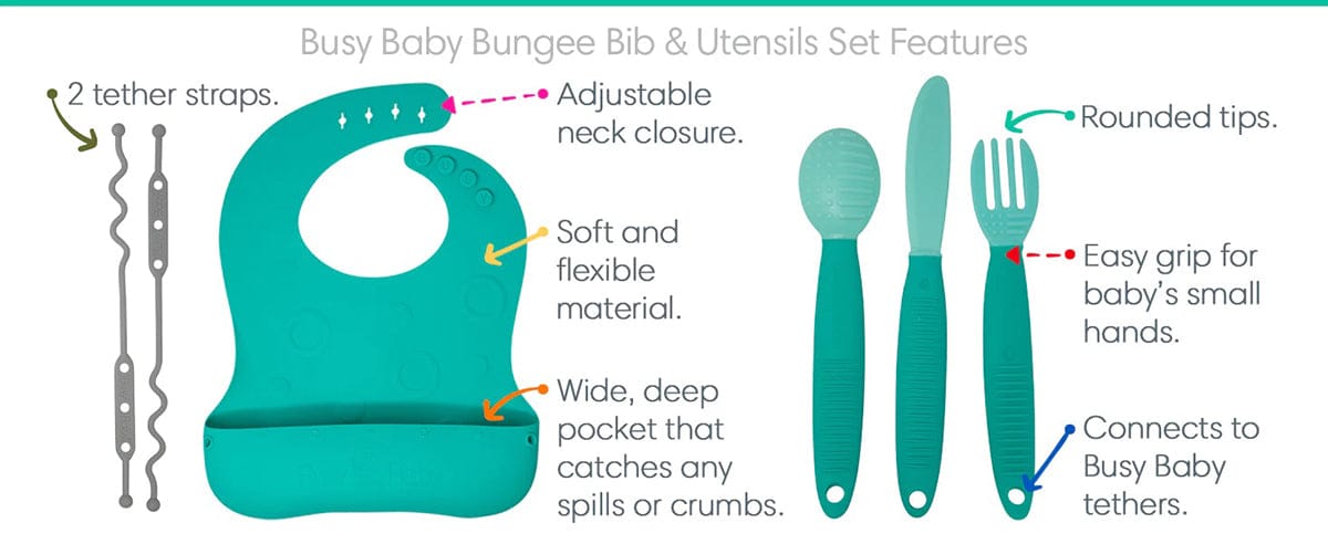 Busy Baby Bungee Bib & Utensil Bundle - Pewter - 850003408934