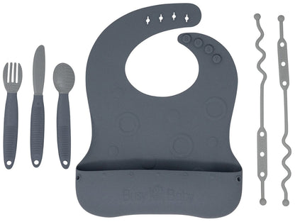 Busy Baby Bungee Bib & Utensil Bundle - Pewter - 850003408934