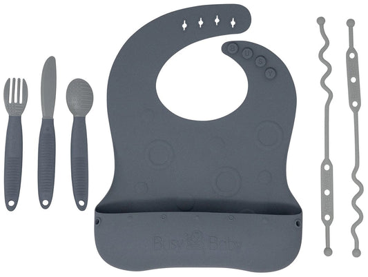 Busy Baby Bungee Bib & Utensil Bundle - Pewter - 850003408934